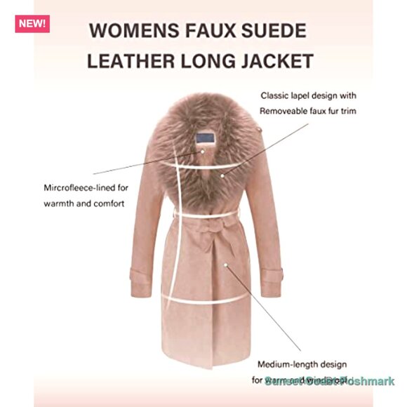 Faux Leather Trench Coat Fleece-Lined Mid-Length with Detachable Fur Collar - Picture 3 of 7